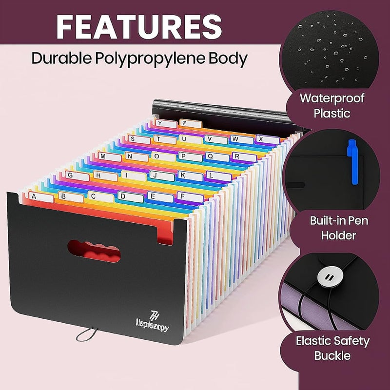 Heptazopy Plastic Accordion File Organizer, 26 Pockets Expandable File Folder Organizer, A4 Letter Size Filing Organizer with Colorful Tabs, Elastic Cord, 60 Paper Clip, Label & Stickers for Office School Home - Image 4